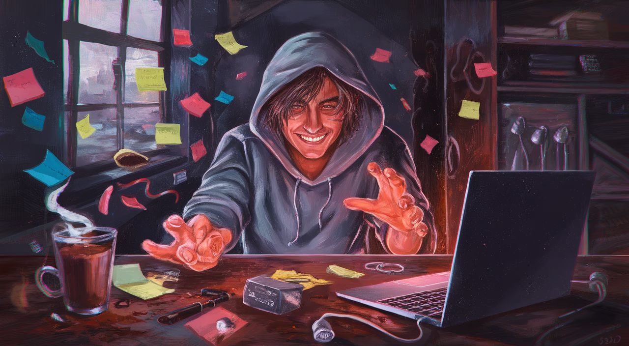 Burnt-out creative laughing in chaos