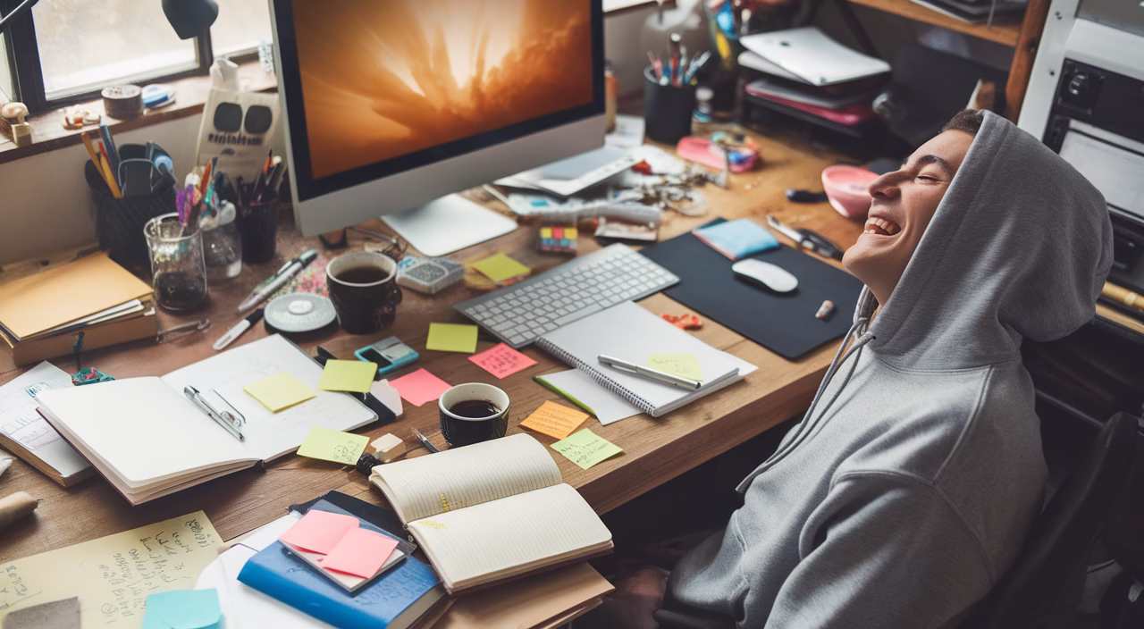 chaotic overwhelmed workspace