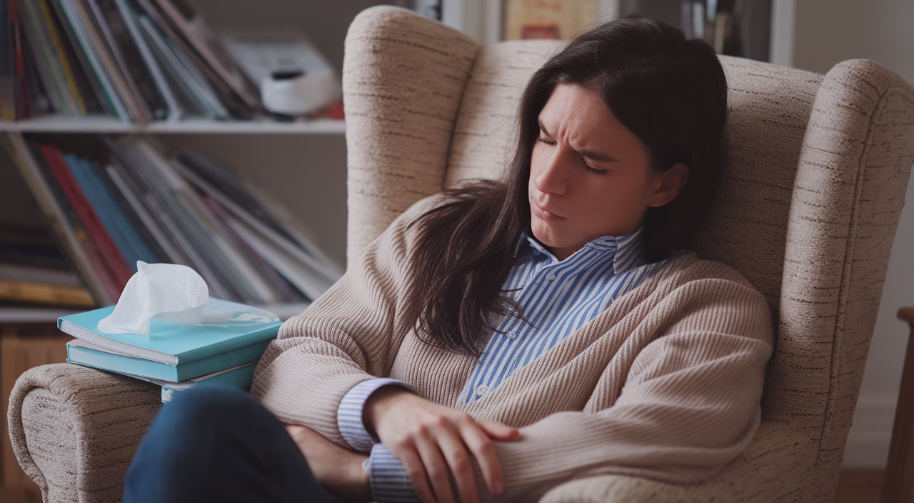 exhausted therapist in cozy office