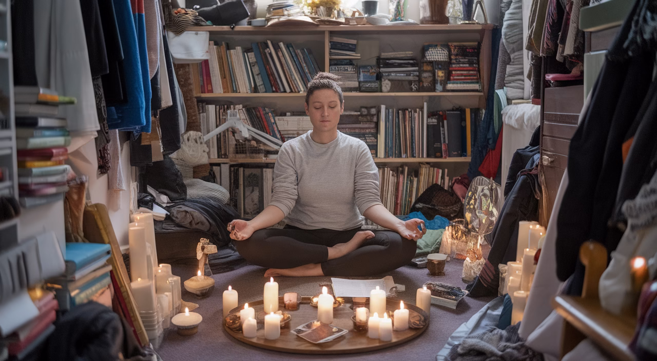 Person meditating in chaos