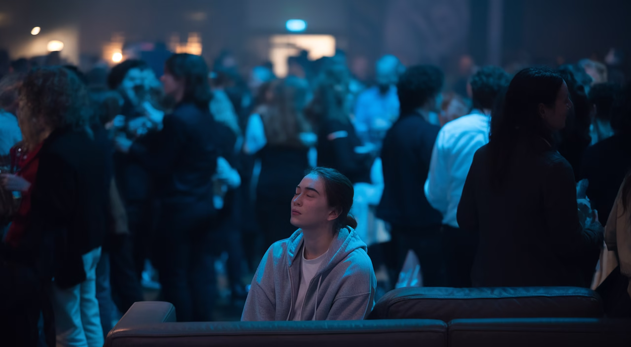 man sitting in party crowd feeling overstimulated