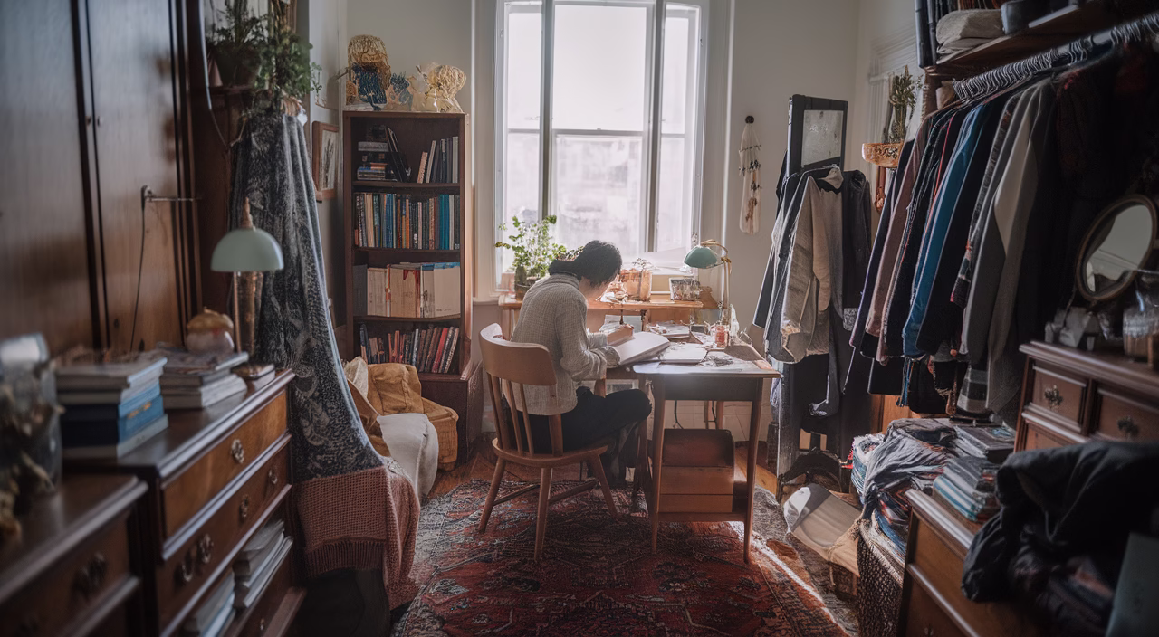 person journaling in messy room